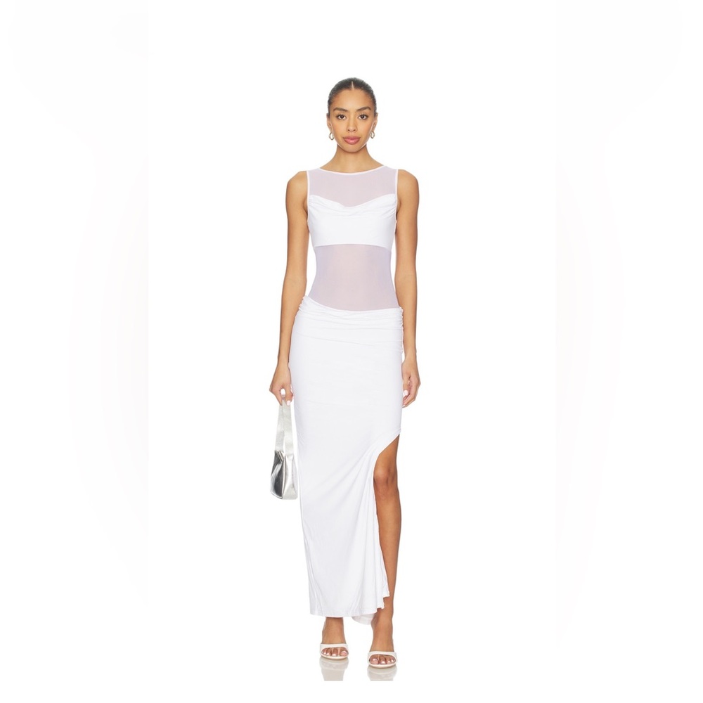 White Mesh-Panel Maxi Dress